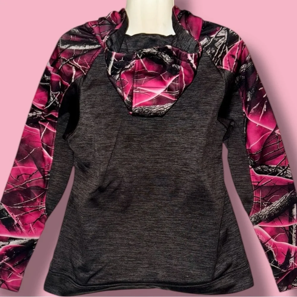 Huntworth Hoodie Pink Gray Camo Fleece Lined 1/2 Zip Pullover Women's XL - Picture 10 of 16